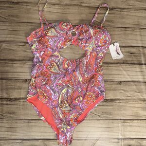 Jessica Simpson Women's Straight Neck One Piece Swimsuit, Mandarin Multi, L